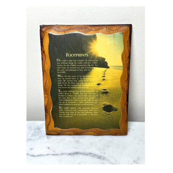 Vintage Footprints wooden lacquered plaque beach scene with sunrise - Picture 1 of 4